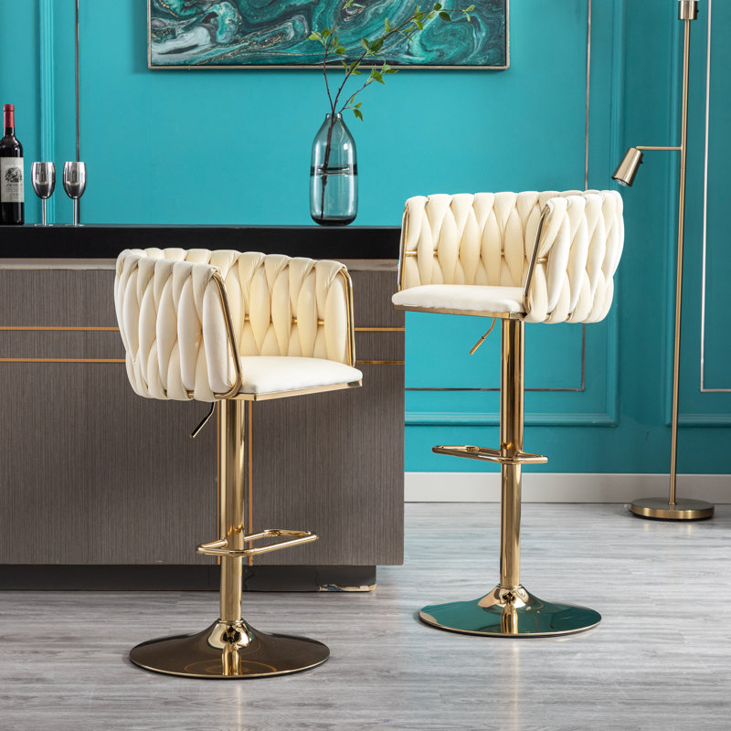 Tabourets de bar réglables (2) - Velours, pieds dorés, rembourrés de mousse, confortables pour les cuisines, les bars, les bureaux, les exposants Grands cafés et bureaux