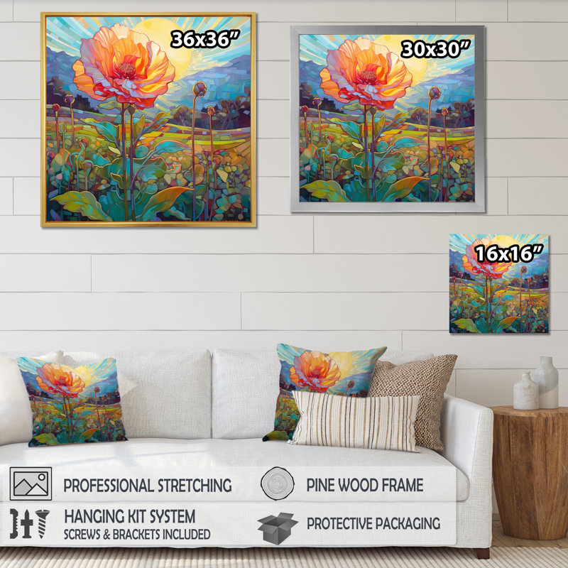 «Radient Chrysanthemum In Field At Sunset», reproduction sur toile, Cadre flottant blanc, H 16 po x l 16 po x P 1 po