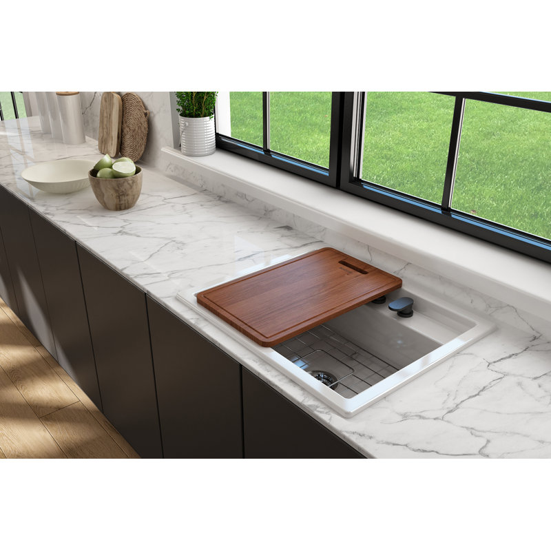 Wooden Cutting Board/Cover For Baveno W/ Handle - Sapele Mahogany For 1633 Sinks (Outer Ledge), 20.63"L x 12.75"W