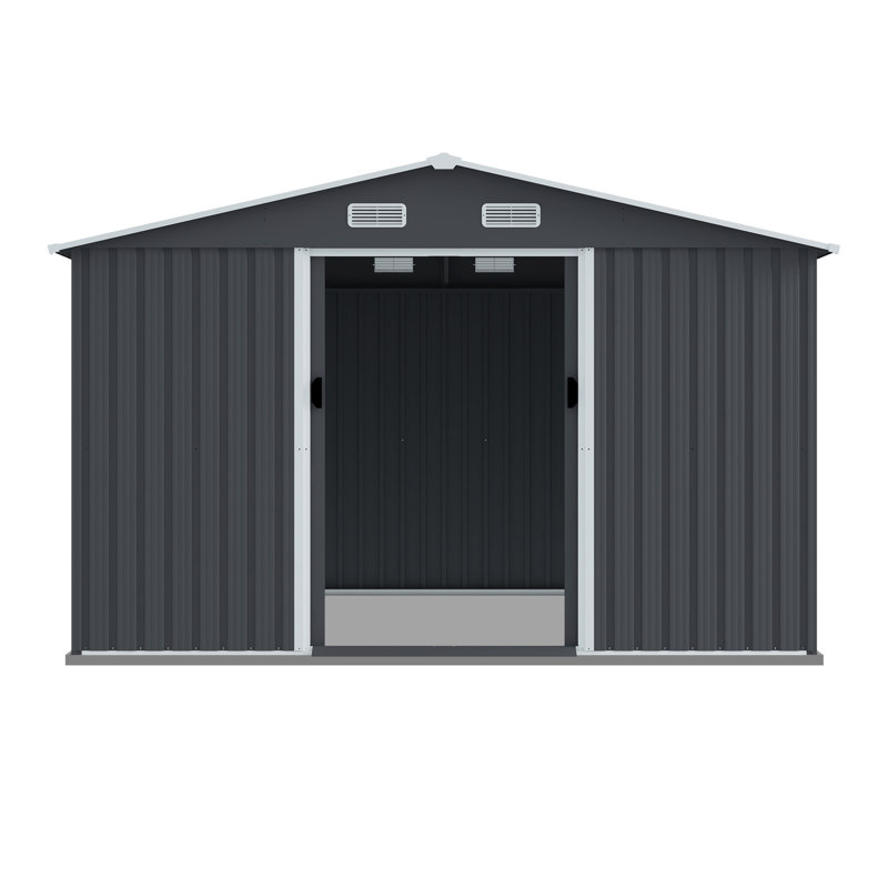 Maison de rangement extérieure robuste en métal 8 x 10 pi avec portes coulissantes et évent pour la cour, le patio, la pelouse - pouvant accueillir des outils, des vélos, une grande remise à outils grise de 8 x 10, pour ranger les vélos et l'équipement