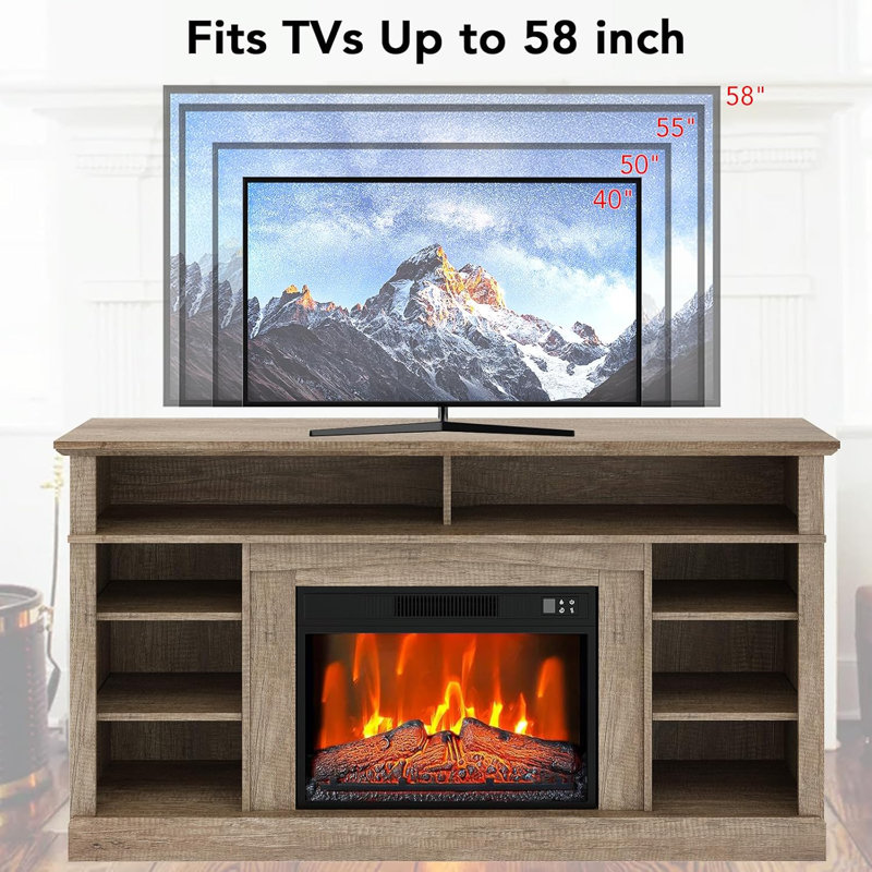 Fireplace TV Stand for 58'' TV, 23" Fireplace Heater with Realistic Flame Effect and Adjustable LED Flames, Freestanding TV Stand with Fireplace Heater, Remote Control, Timer