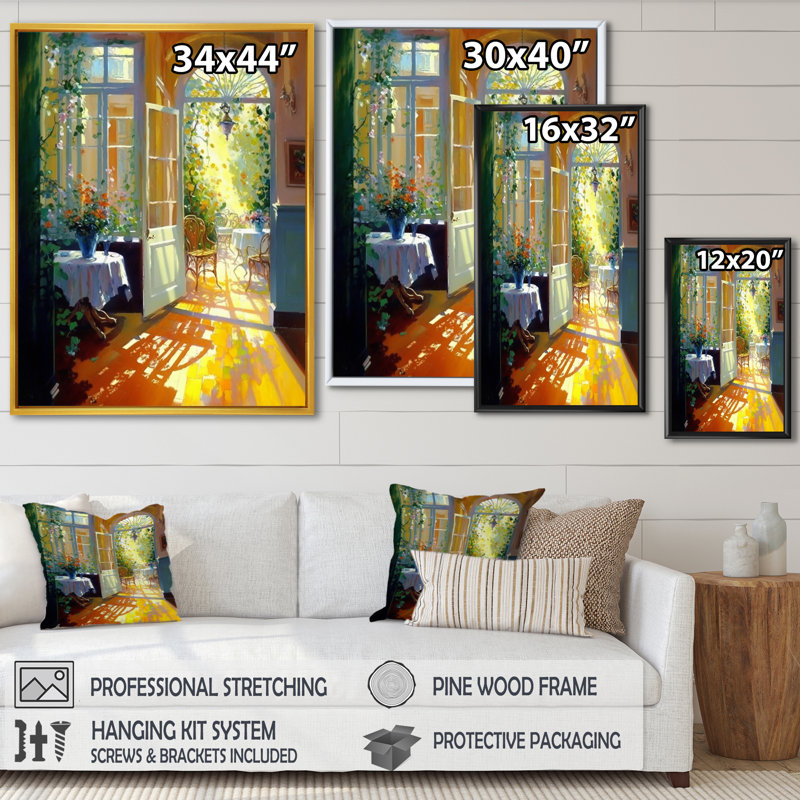 «Sunlight Bliss at the Cottage II», reproduction sur toile, L 24 po x H 32 po, Toile avec cadre flottant or