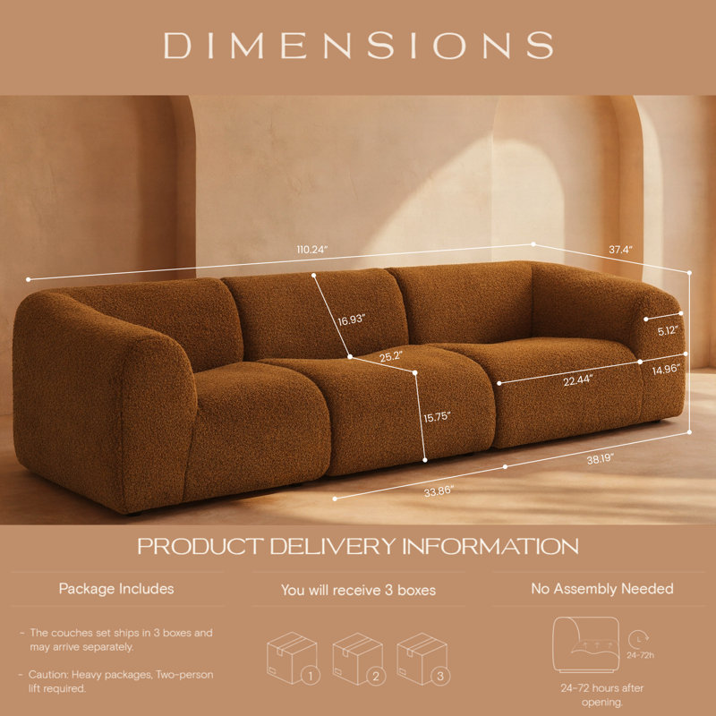 110.24" Curved 3-Seat Boneless Sectional Sofa, Modern Deep Seat Sherpa Boucle Couch, Compression, No Assembly, Teddy - Brown