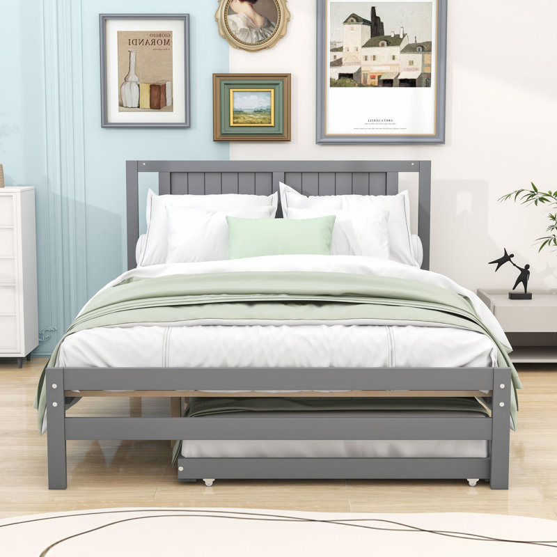 Lit plateforme double en bois avec lit gigogne simple réglable et tête de lit, Gris