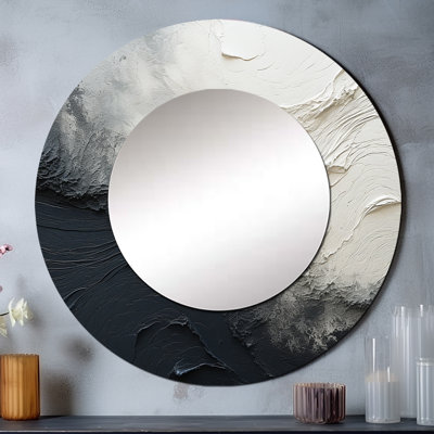 Minimalisme noir et blanc peinture vague I - miroir mural unique Coastal, miroir rond crème, impression d'art en métal