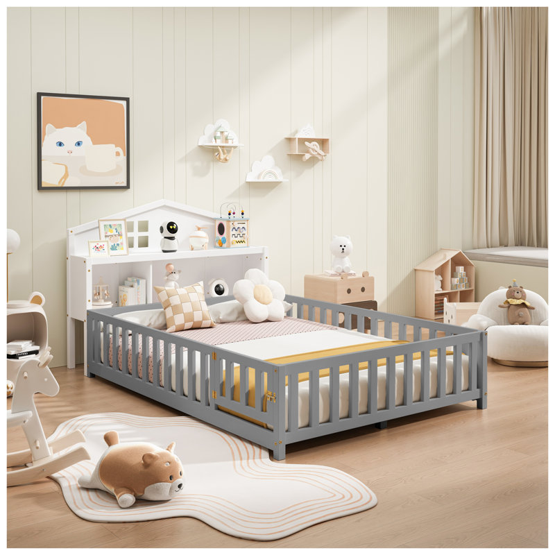 Tête de lit double avec bibliothèque attachée Montessori, panneau de fibres à densité moyenne blanc pour enfants