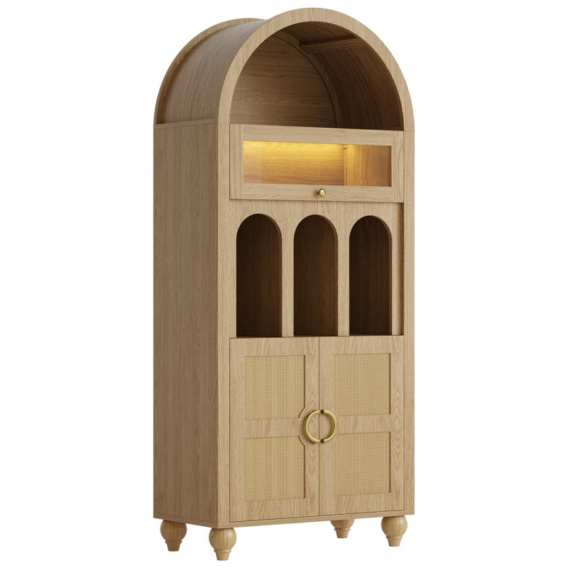Burly 72.8" Tall Wood Arched Bookcase With Adjustable Shelves & Led Lights, Display Bookshelf With Glass Doors & Cabinet
