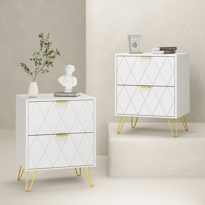 Table de chevet en acier à 2 tiroirs de 20,5 po de hauteur Marable (ensemble de 2), Blanc