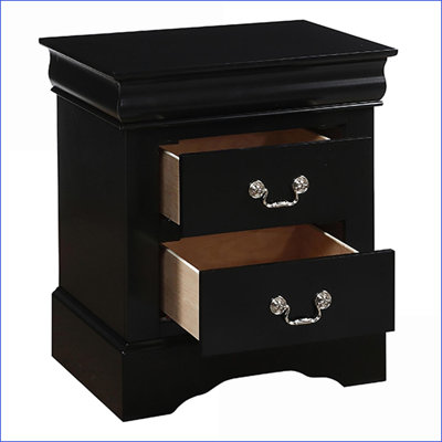 Black 2-Drawer Bedroom Nightstand with Metal Handles