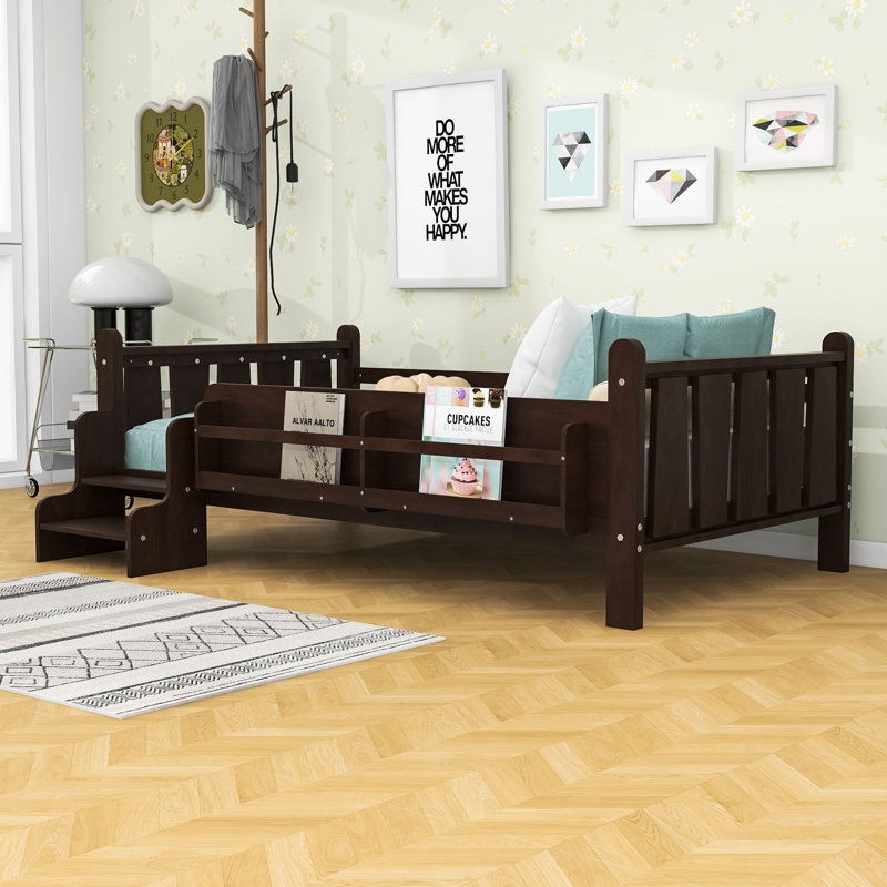 Floor Bed with Storage Bookcases and Guardrails, Twin, Espresso