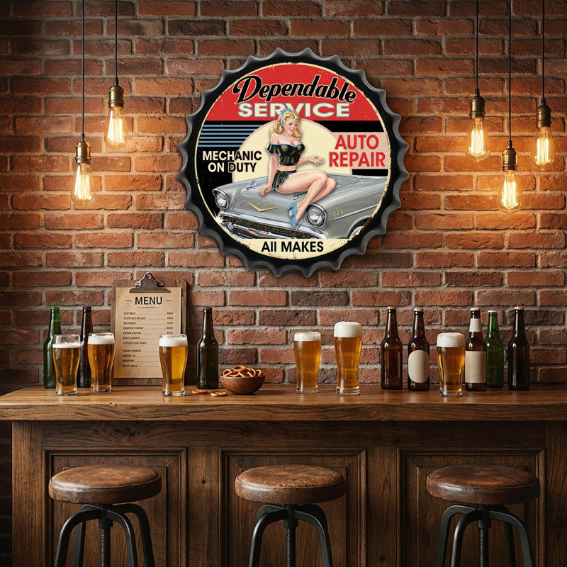 Retro Pinup Bottle Caps Metal Tin Signs Wall Art Plaque Vintage Home Decor 13.8x13.8 Inch