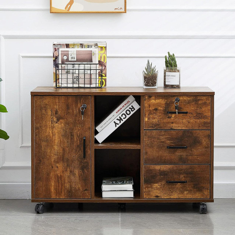 Rustic Brown Mobile Office Cabinet w/ 3 Drawers(1 Lockable),Under Desk Rolling Lateral File Cabinet