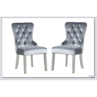 Classic Gray Flannelette Wingback Dining Chairs with Crystal-like Acrylic Buttons, Comfortable and Elegant Seating