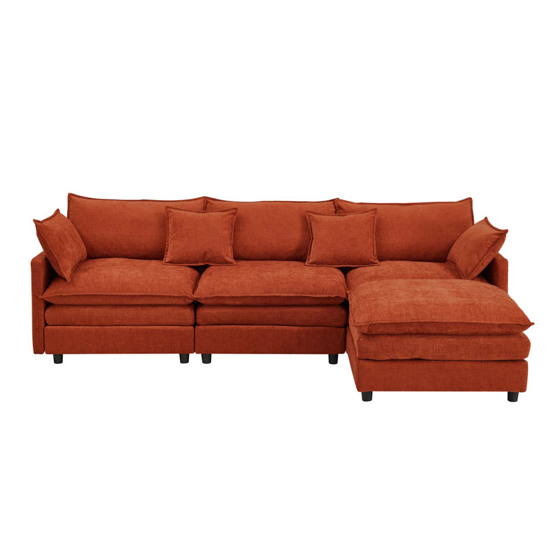 Modular Chenille Sectional Sofa with Ottoman, Dark Orange Chenille, Right Hand Facing