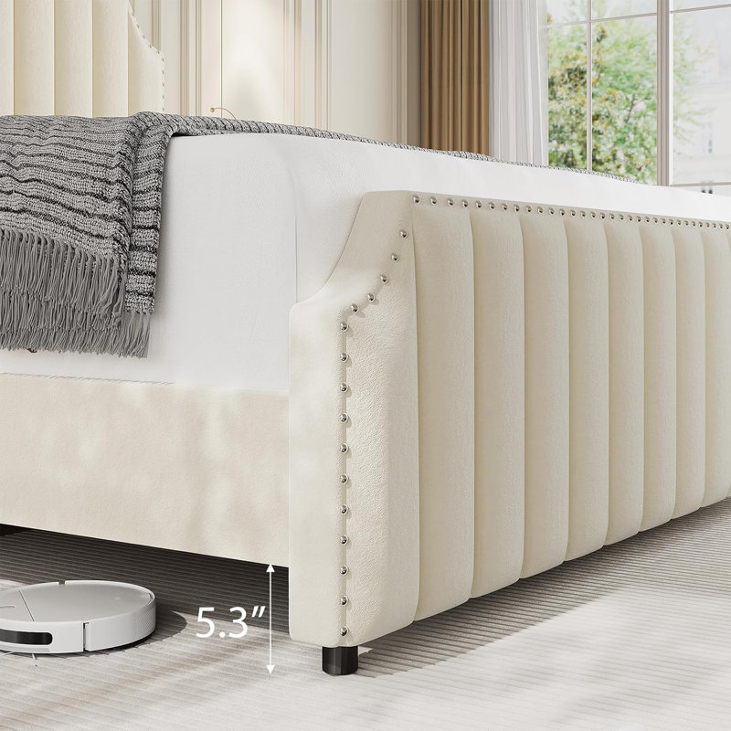 Velvet Bed Frame, 50.2" Tall Headboard & Footboard, White, Queen