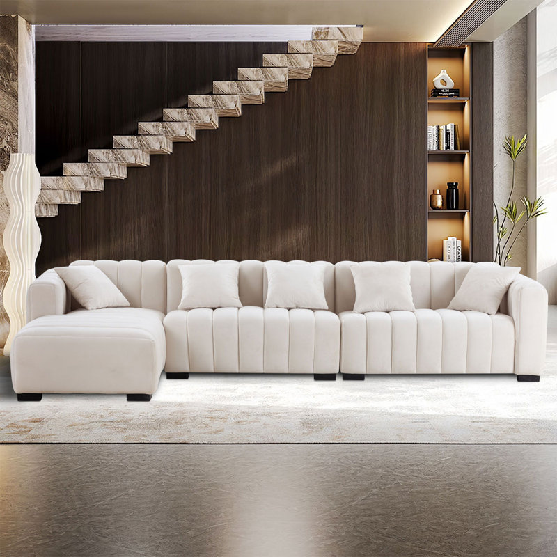 138.97" Wide Velvet Modular Sectional Sofa, Left Hand Facing, White Velvet