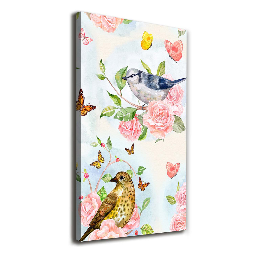 Vögel Schmetterlinge Blumen - Wrapped Canvas Kunstdruck