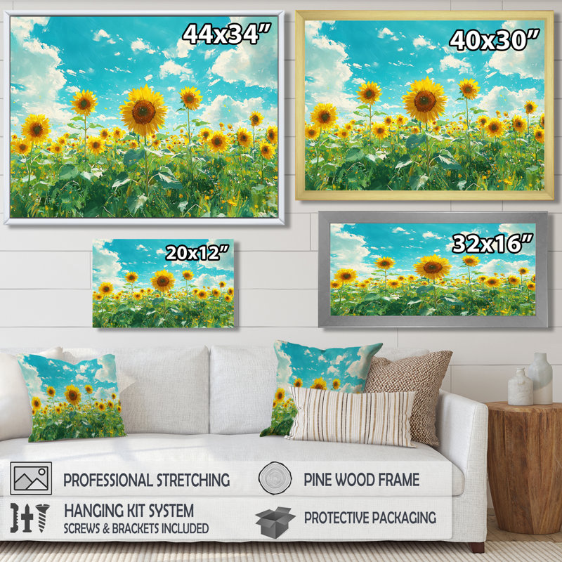 «Draiman Country Side Sunflowers Field Sky Horizon IV» - Art mural tournesols, H 30 po x l 40 po, Toile tendue