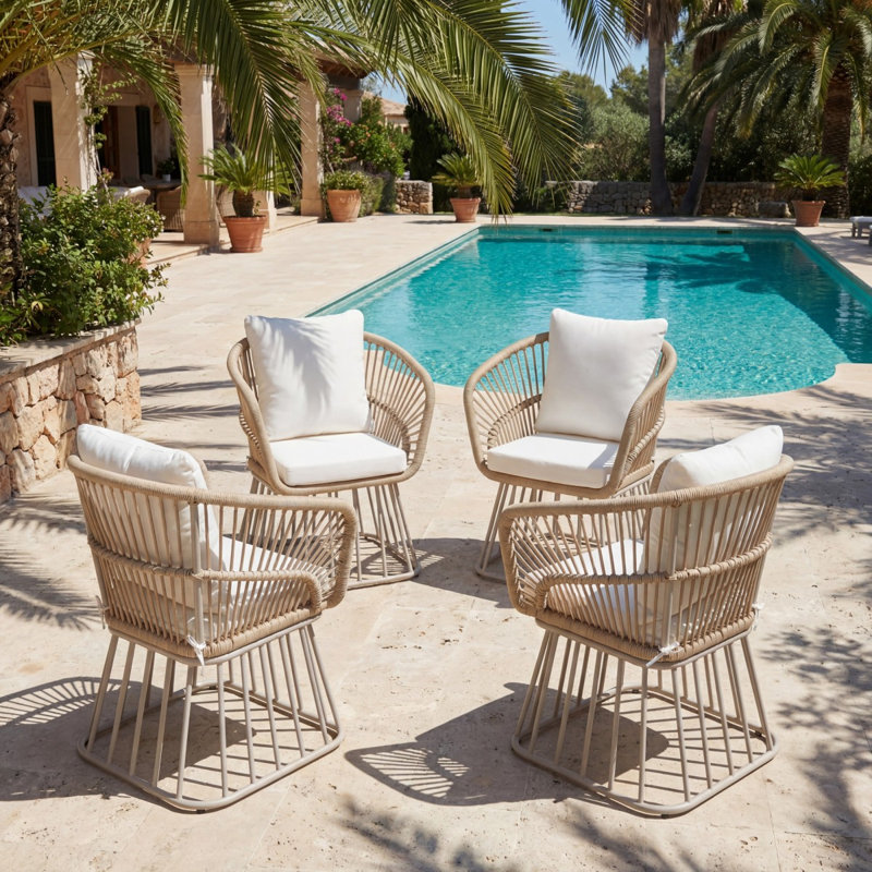Chaise de salle à manger d'extérieur MP1 - Structure en acier tressé et beige, capacité de poids de 300 lb, coussin inclus