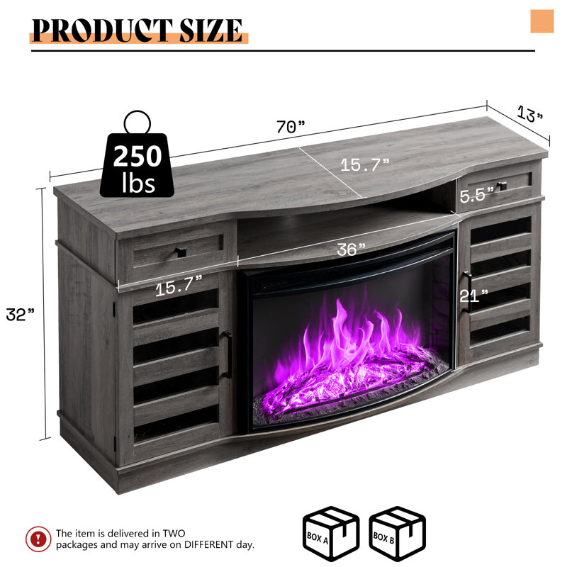 Farmhouse 70"W LED Curved Fireplace TV Stand,Washed Gray, Washed Gray