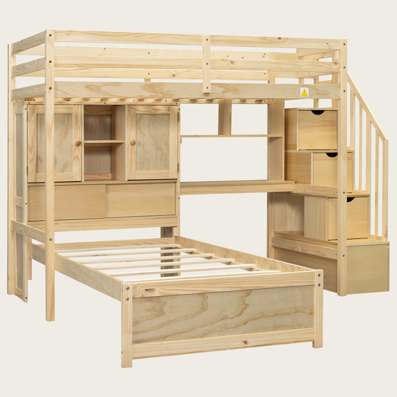 Lit mezzanine simple au-dessus de simple avec escalier, bureau intégré, tête de lit et tablettes - Lit superposé en bois de pin avec compartiments de rangement