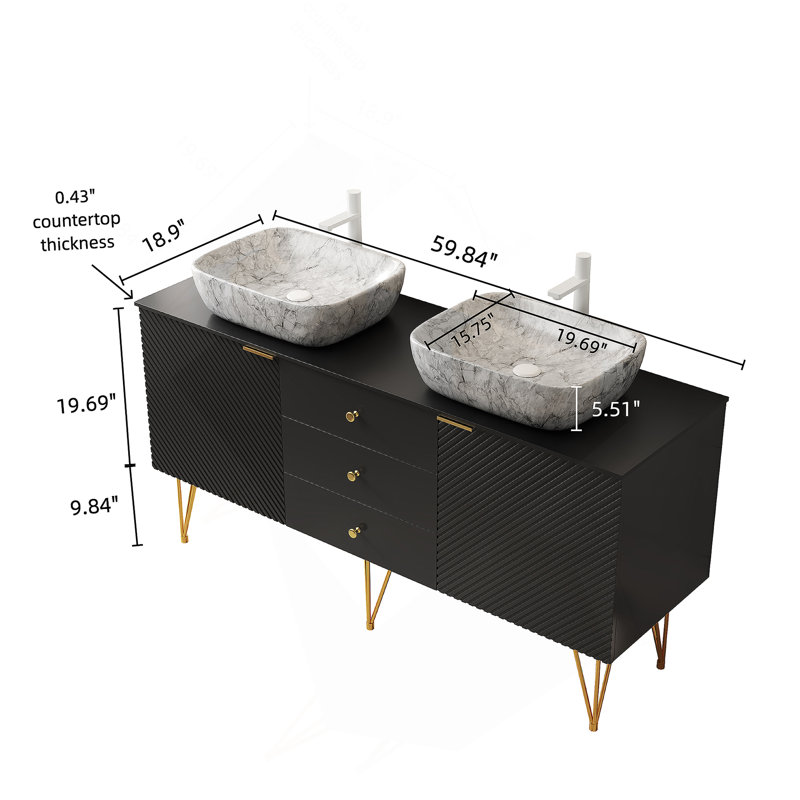 Meuble-lavabo de 60 po avec lavabo, armoire de rangement autoportante en contreplaqué avec pieds dorés, 3 tiroirs et 2 portes, 2 vasques en céramique à motif de marbre blanc et plateau en pierre frittée, noir