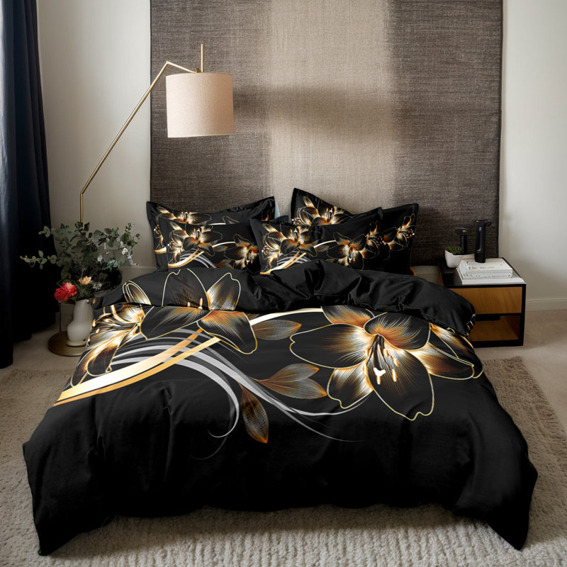 Gold Floral Microfiber Duvet Cover Set with Pillowcases, Digital Print Black Background Botanical Front with Solid Black Back, Reversible Bedding, Twin Full Queen King, Comforter and Pillow Inserts Not Included
