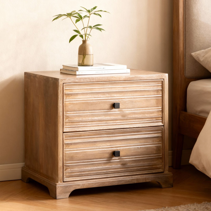 Table de chevet 2 tiroirs Carmenita - Brun clair rustique, Beige