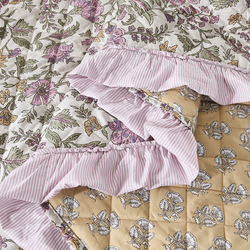 Lola Block Print Ruffle Reversible Floral Quilt Purple/Yellow 3Pc Set, Queen Quilt + 2 Shams