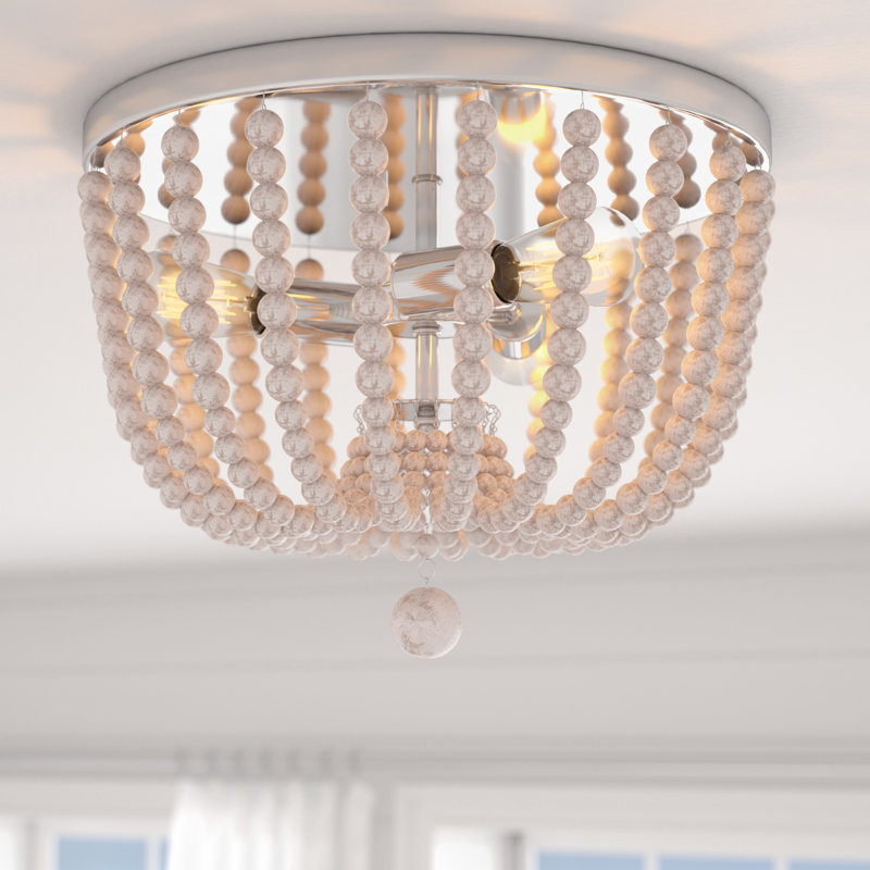 Dumas 3-Light Wood Bead Flush Mount - Weathered White, White