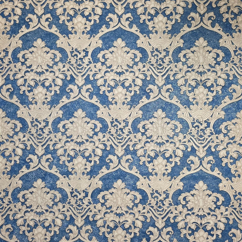 Papier peint damassé baroque bleu marine beige