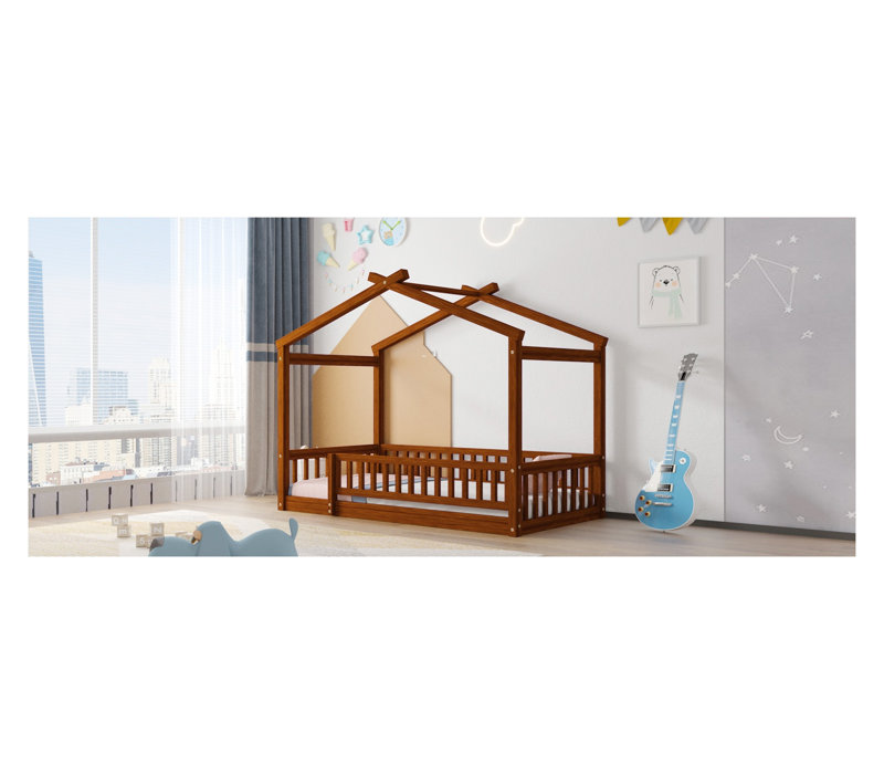 Structure de lit simple en bois avec clôture - maisonnette pour enfants en finition noyer pour garçons et filles, Lit simple