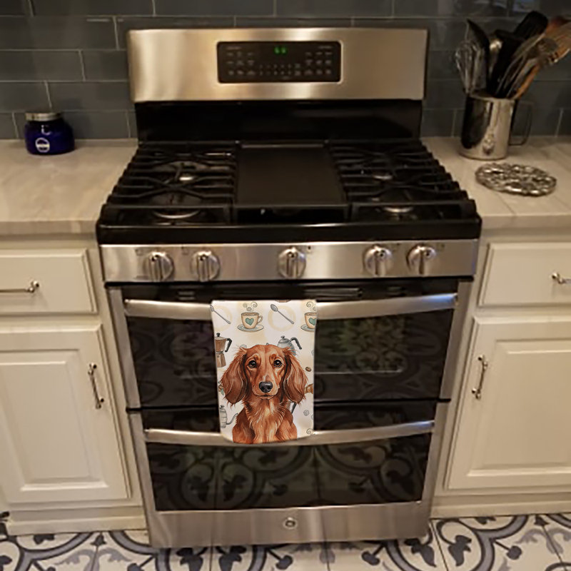 Longhaired Red Dachshund Coffee Bar Kitchen Towel, Longhaired Red Dachshund
