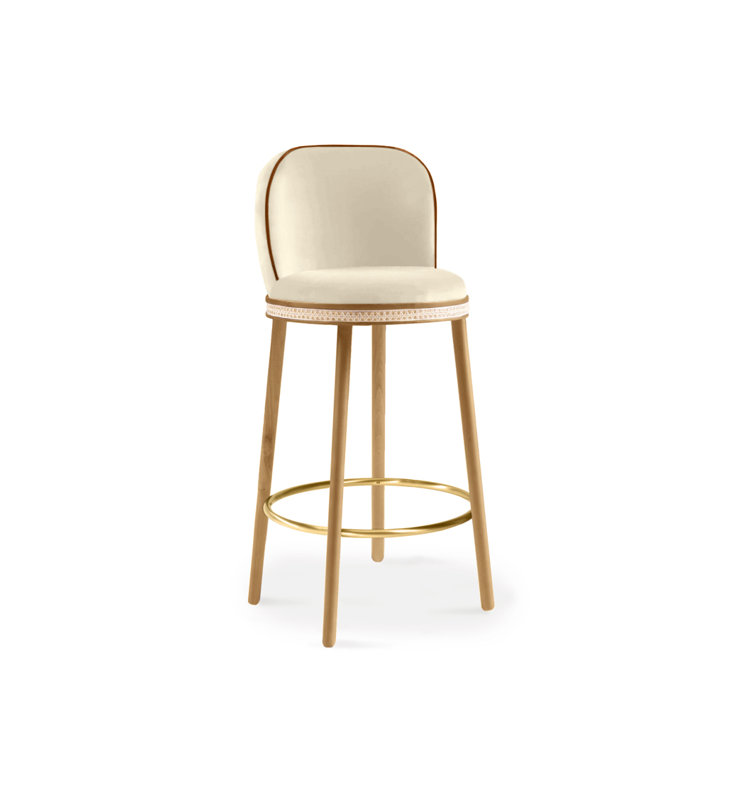 Alma Upholstered Stool with Solid Wood Frame, Bar Stool (30" Seat Height), Nuage, Satin Brass