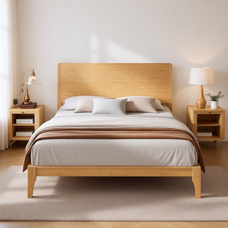 Mid-Century Modern 12-Inch Bamboo Wood Platform Bed with Wood Slat Metal Support, Eco-Friendly Design, No Box Spring Needed, Easy Assembly