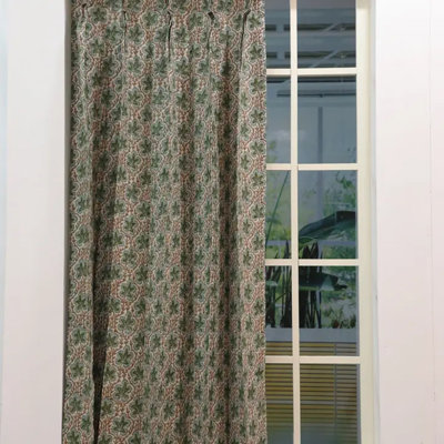 Green Block Print Linen Pleated Curtain Panel Artisan Crafted Elegant Window Drapes for Living Room & Bedroom Décor