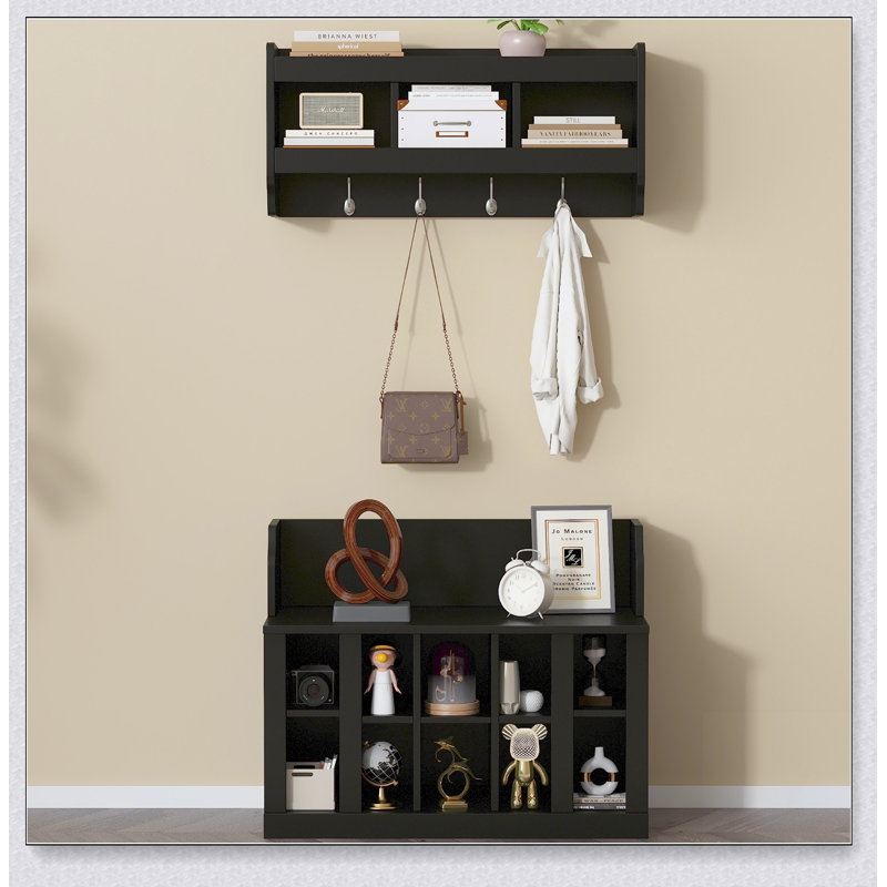 Elegant Shoe Storage Bench with Shelves and 4 Hooks, Perfect for Organized Entryways and Hallways, Black