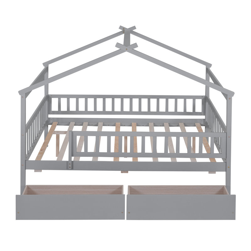 Lit double pleine grandeur en bois avec deux tiroirs de rangement - Cadre de lit plateforme gris pour enfants avec tête de lit et rails de sécurité