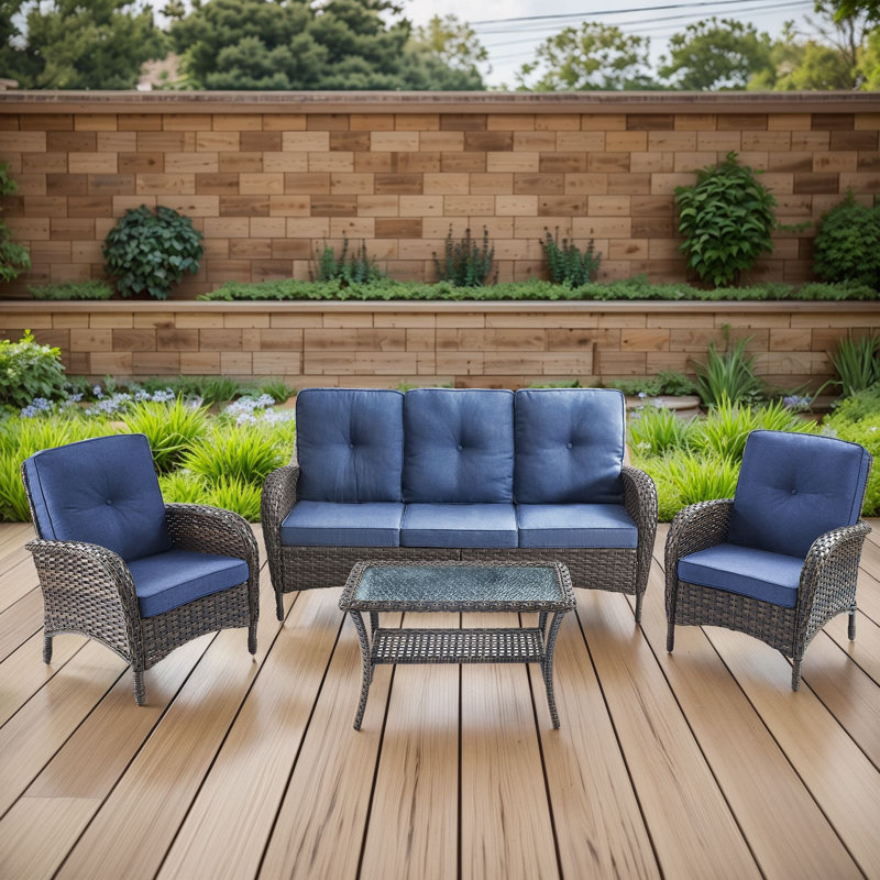 Valierius 4-Piece Outdoor Wicker Patio Furniture With 3 Seat Sofa, Rattan Coversation Set With Water Resistant Cushions, Blue