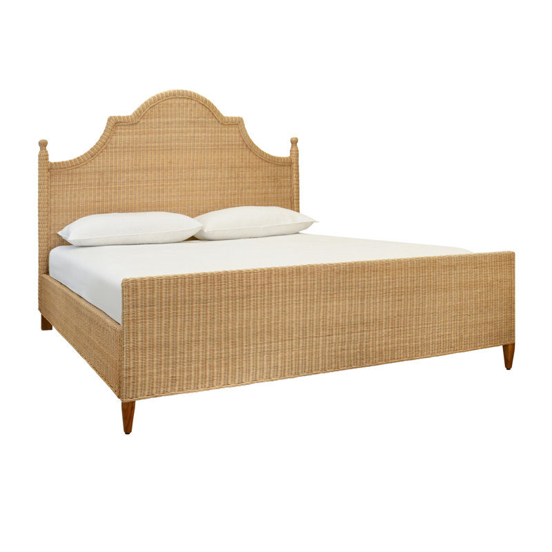 Bed Frame with Arched Headboard, Side Rails, and Footboard in Rattan with Wood Feet, King