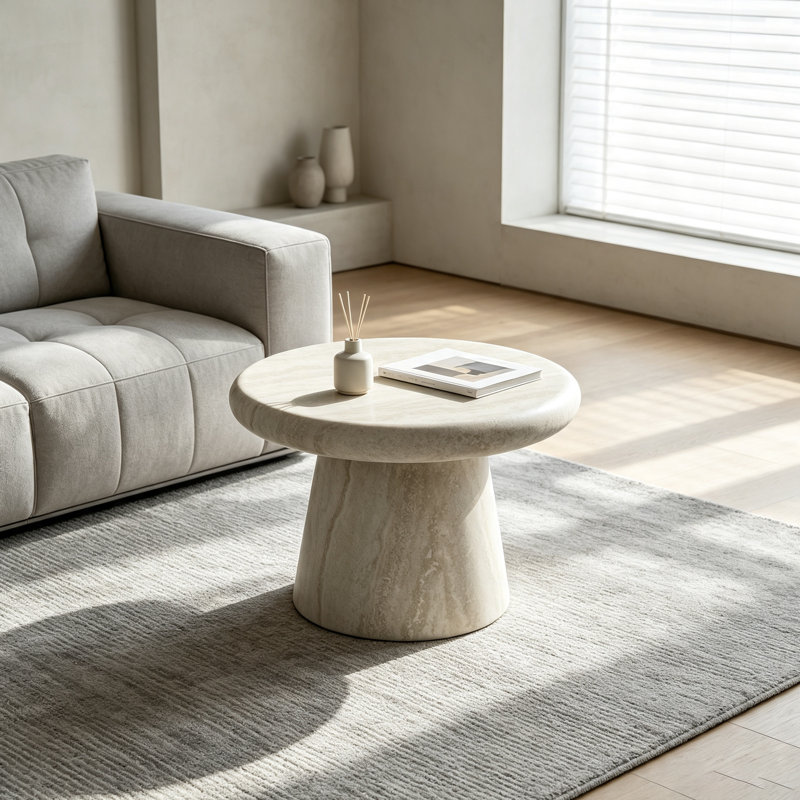 Table basse ronde en fibre de verre de 55 cm (21,65 pouces) avec motif travertin et base cylindrique intégrée, table d'appoint basse pour salon, aucun assemblage requis