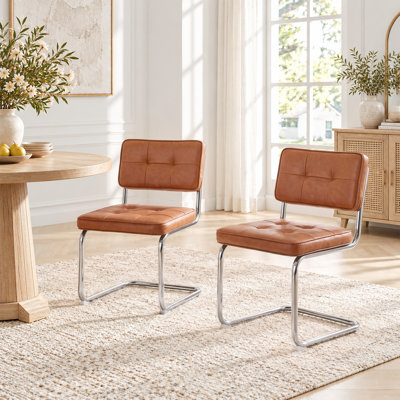Marlow 19.3" H Mid-Century Modern Tufted Faux Leather Side Dining Chair with Steel Frame