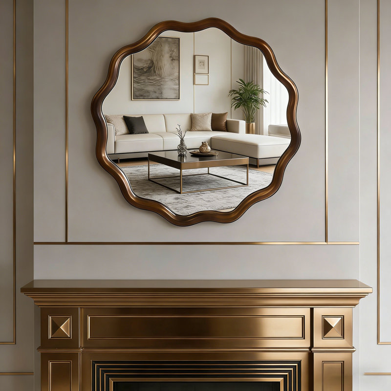 Miroir décoratif rond en bois massif ondulé de couleur noire noyer 30 pouces, pour chambre à coucher, salle de bain, salon, entrée