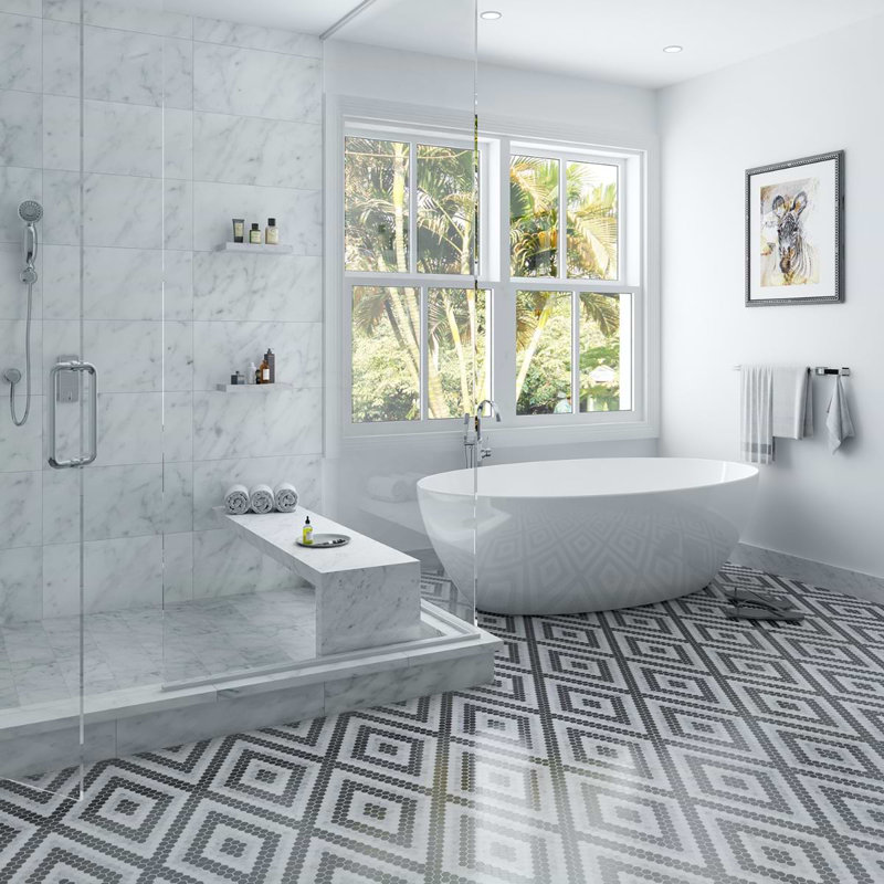 Juno Diamond 1" Hexagon Polished Marble Mosaic Tile, Black/White