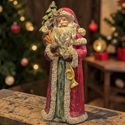 33in. Tall Traditional Santa Figurine with Christmas Tree & Horn
