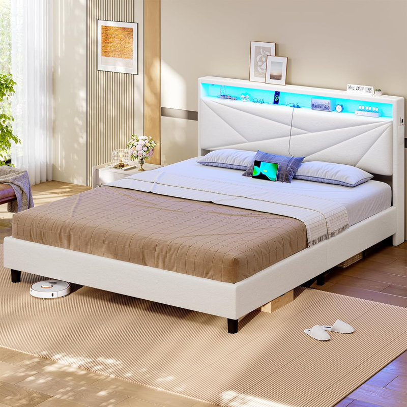 Upholstered bed with LED lighting and sockets, White, Kingsize (5')