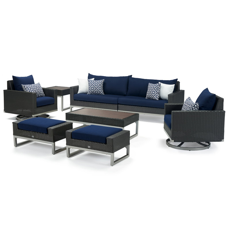 8 Piece Motion Deep Seating Patio Conversation Set, Brown, Navy Blue