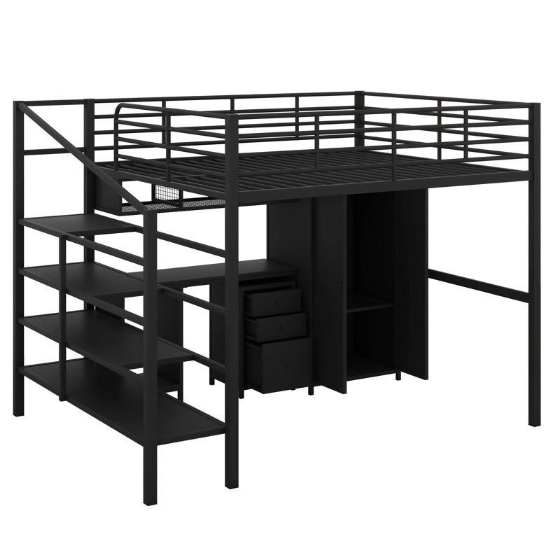 Lit mezzanine double en métal avec ensemble de table complet et garde-robe