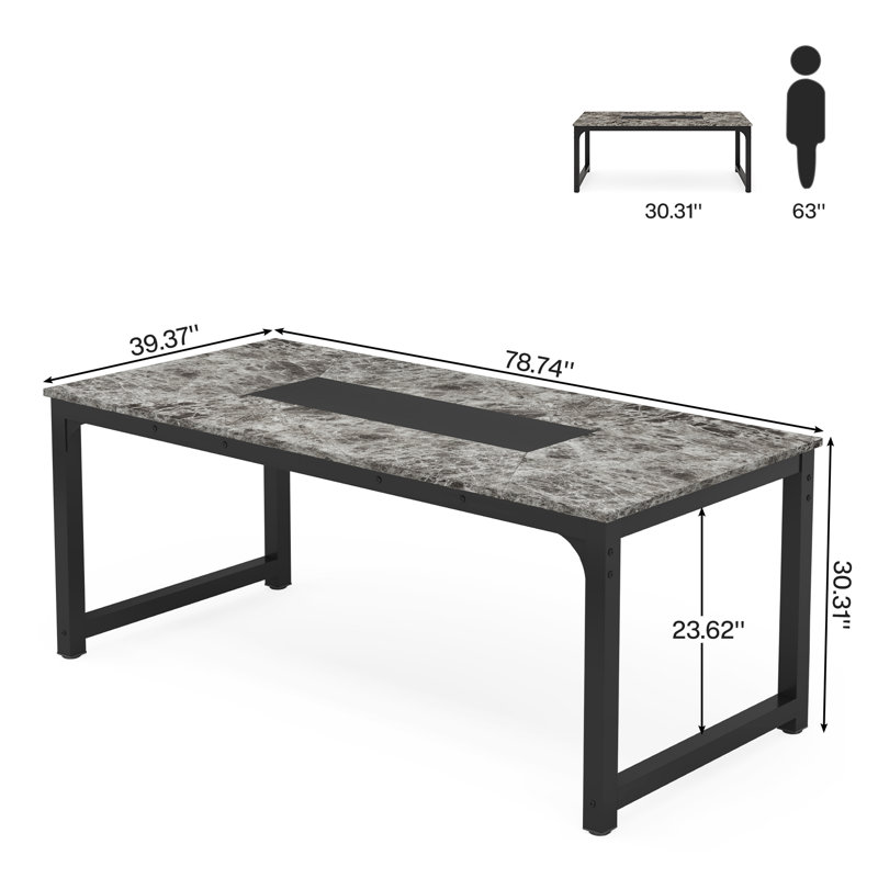 Solid Wood Rectangle Conference Table with 1 Chairs, Black, Grey Marble, 76.2cm H x 199.9cm W x 100.3cm D