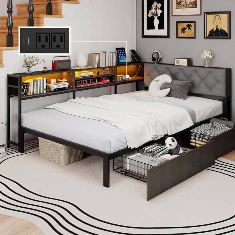Full Corner Bed Frame with Headboard and 2 Storage Drawers,Daybed with Storage Bookcase,LED Lights and Charging Station, Gray